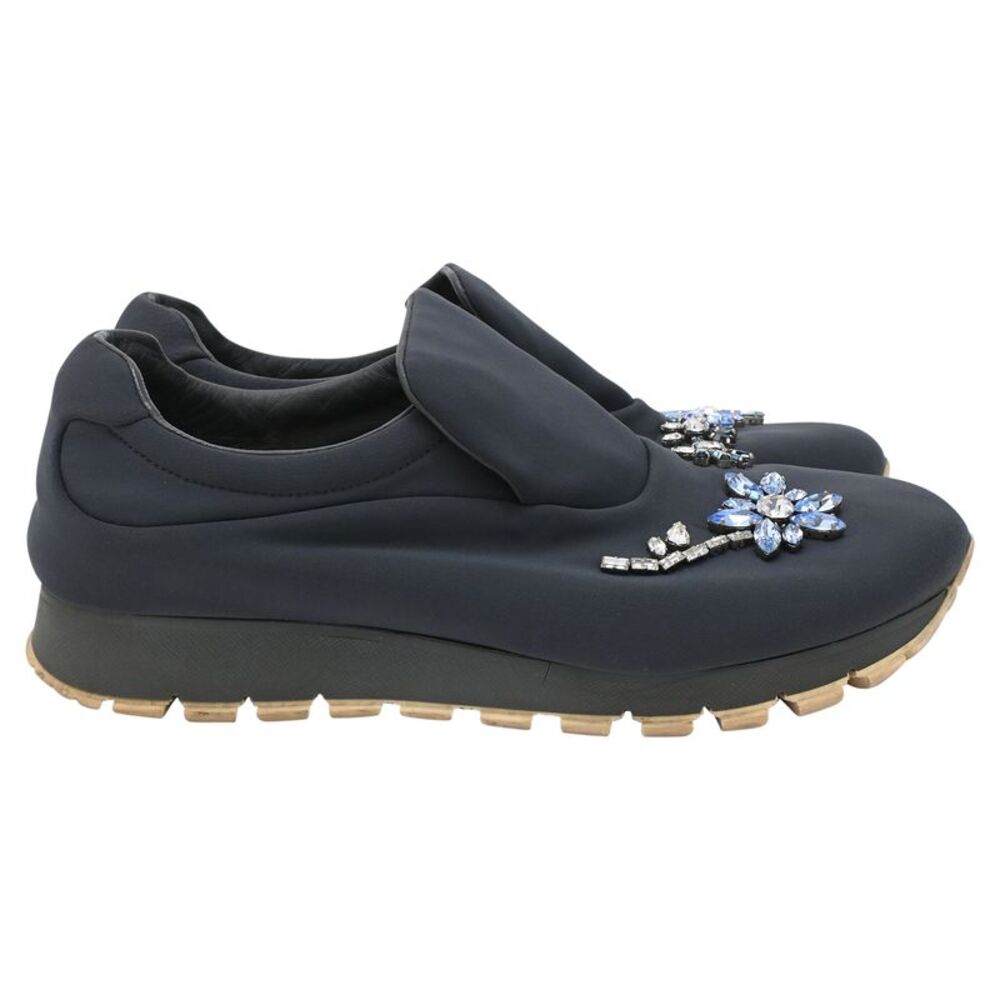 Prada Flower Crystal-Embellished Slip-On Sneakers in Navy Blue Neoprene
